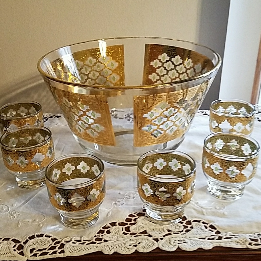 Vtg Culver 10" Bowl with 6 footed glasses